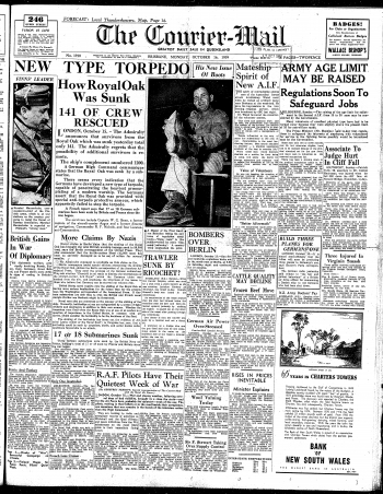 Cover of the Courier-Mail on Monday 16 October 1939